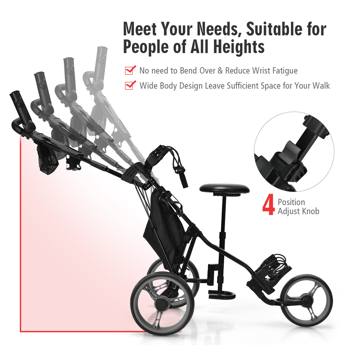 The golf trolley showing the adjustable handle positions and the adjustment knob