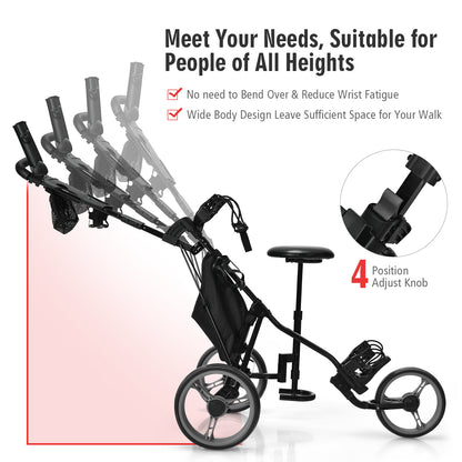 The golf trolley showing the adjustable handle positions and the adjustment knob