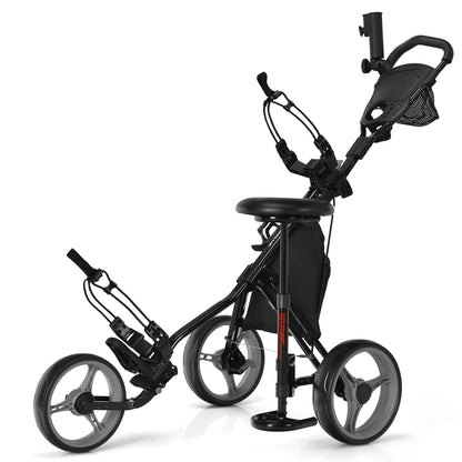 Golf Push Pull Cart with a seat and three wheels shown against a plain white background