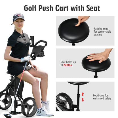The golf trolley with a person sitting on the seat and close-ups of the padded seat