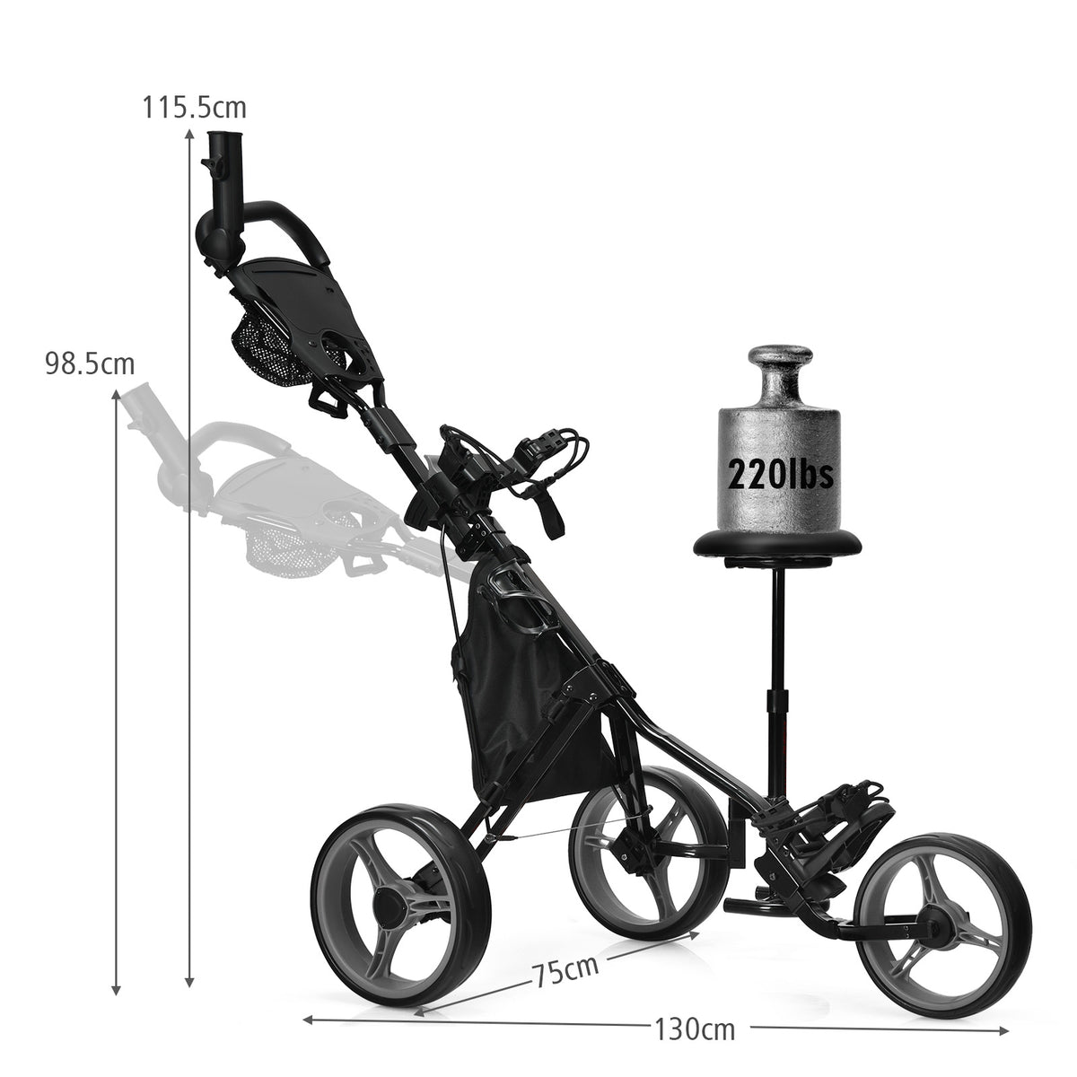 The golf trolley with dimension lines and a weight placed on the seat for testing