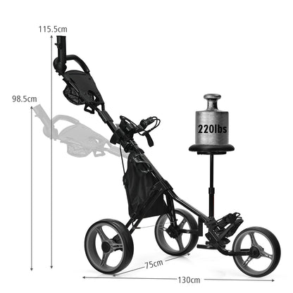 The golf trolley with dimension lines and a weight placed on the seat for testing