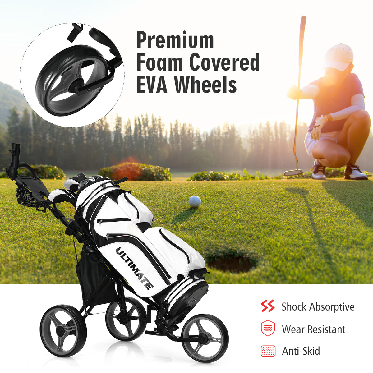 The golf trolley on a green with a close-up inset showing the foam covered wheel tread