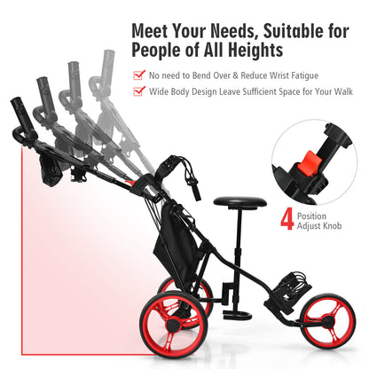 The golf trolley showing adjustable handle height and seat position