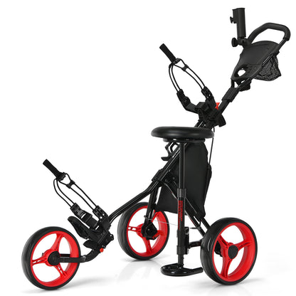 Golf Push Pull Cart with storage bag and foot brake in red, a three-wheeled trolley