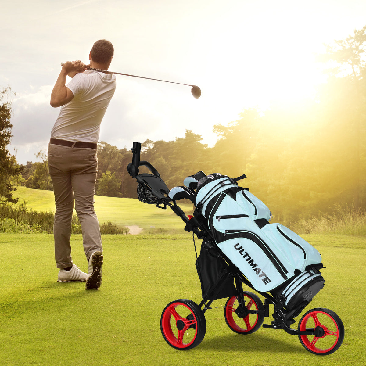 The golf trolley being used by a man on a sunny golf course