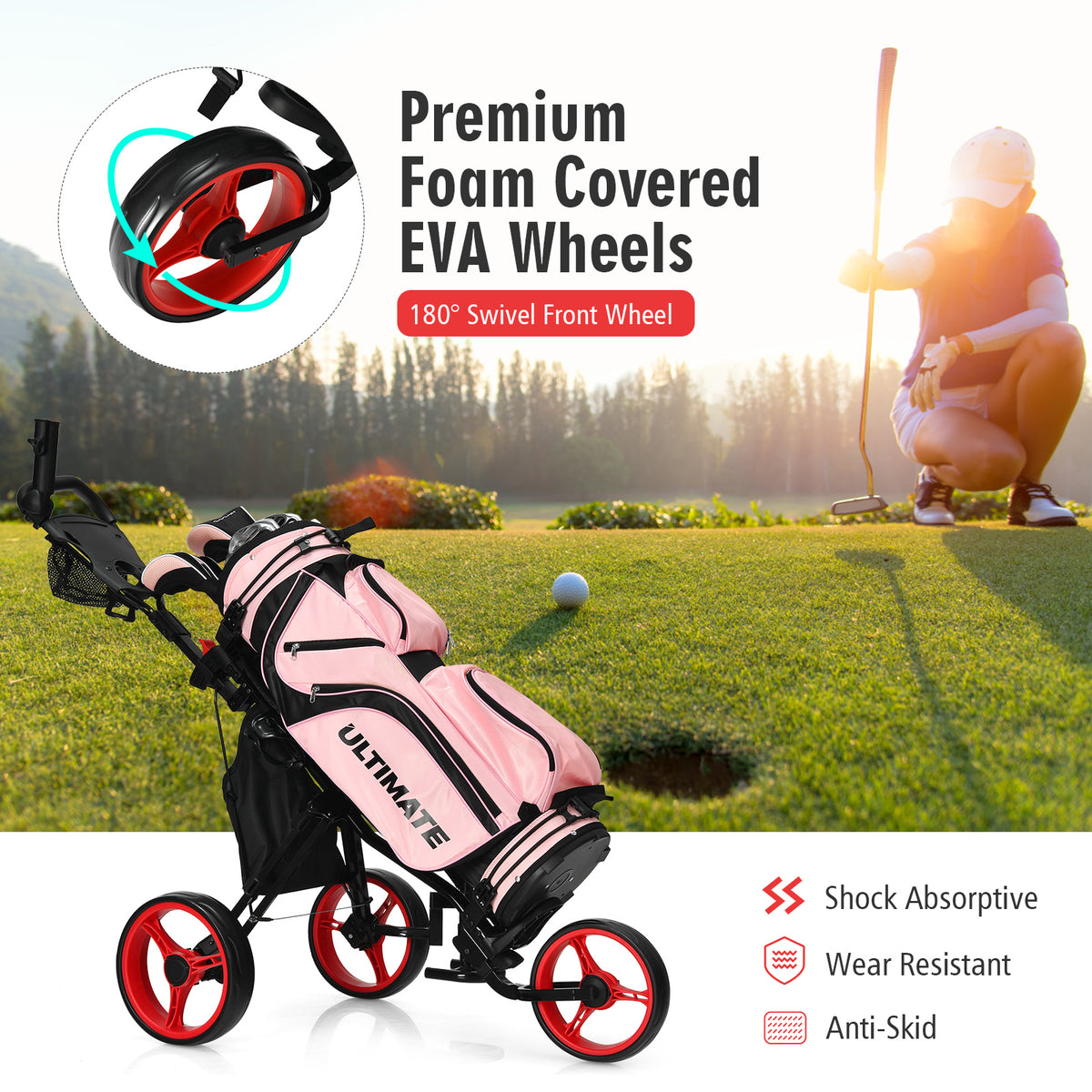 A pink golf trolley with a golf bag on a green course