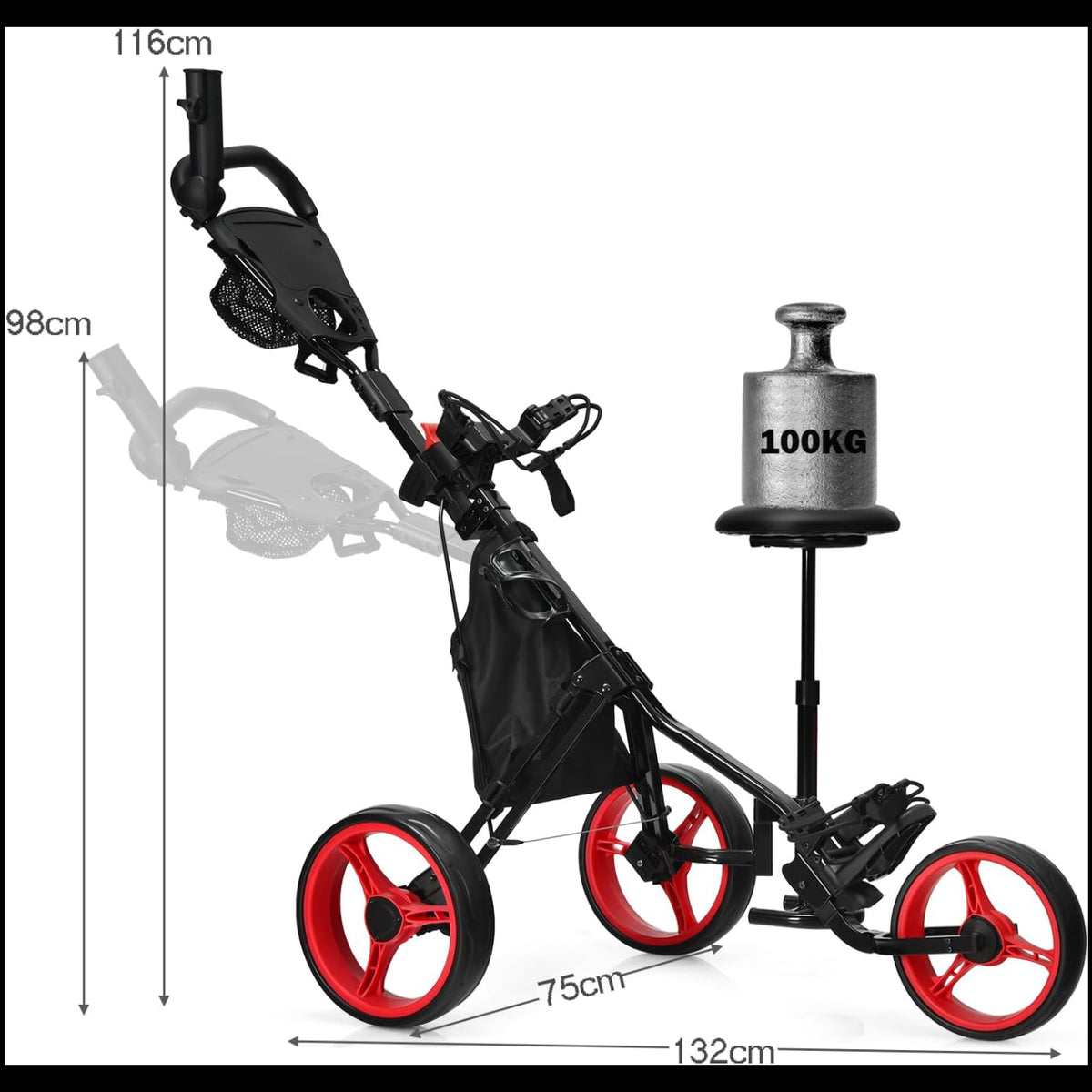 The golf trolley with dimensions indicated by lines and numbers