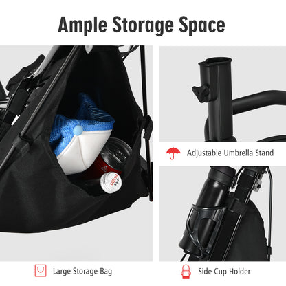 Close-up of the golf trolley showing storage bag, umbrella stand and cup holder