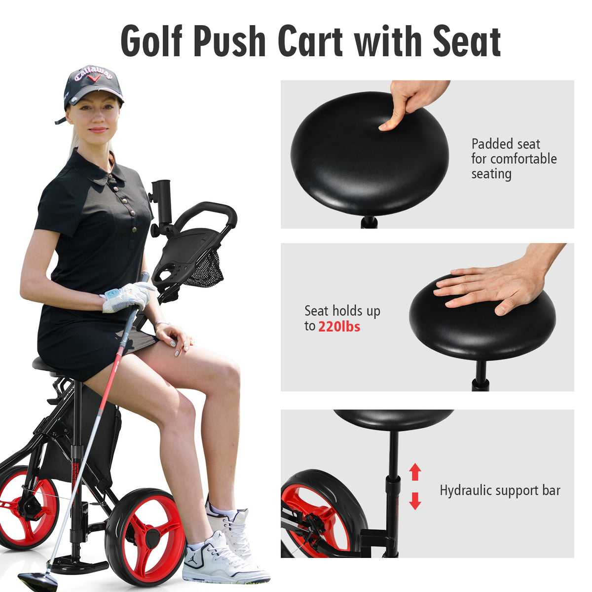 A woman sitting on the golf trolley seat, with close-ups of the seat and support bar