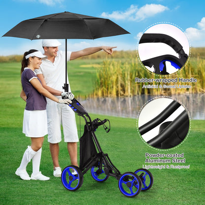 The golf trolley on a course with close-up circles showing handle and frame