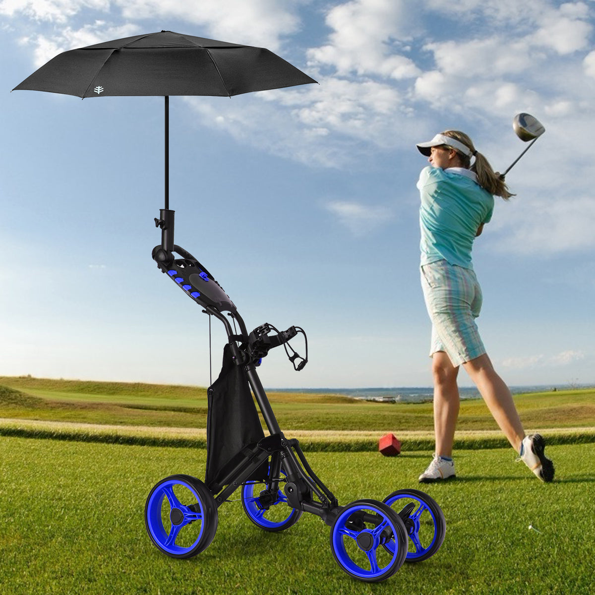 The golf trolley with an umbrella on a course while a person plays golf