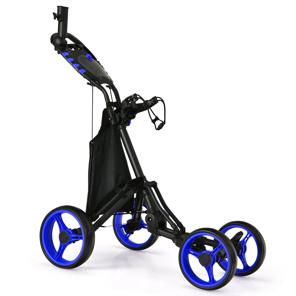 Golf Push Pull Cart with four wheels and blue accents on a white background