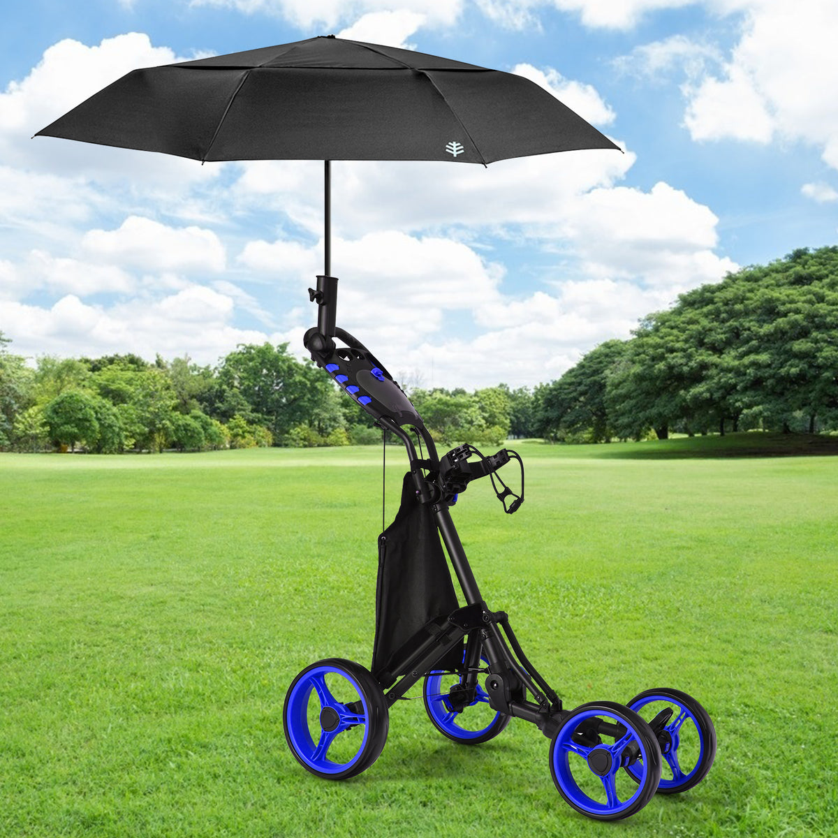 The golf trolley standing on a grassy field with a black umbrella attached
