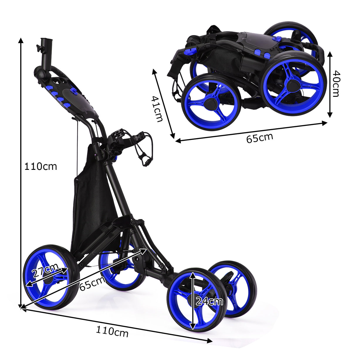 The golf trolley shown in open and folded positions with dimension arrows