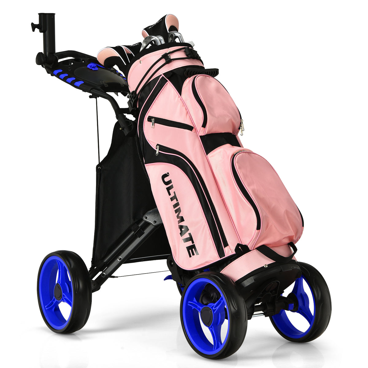 The golf trolley holding a pink golf bag with clubs on a white background