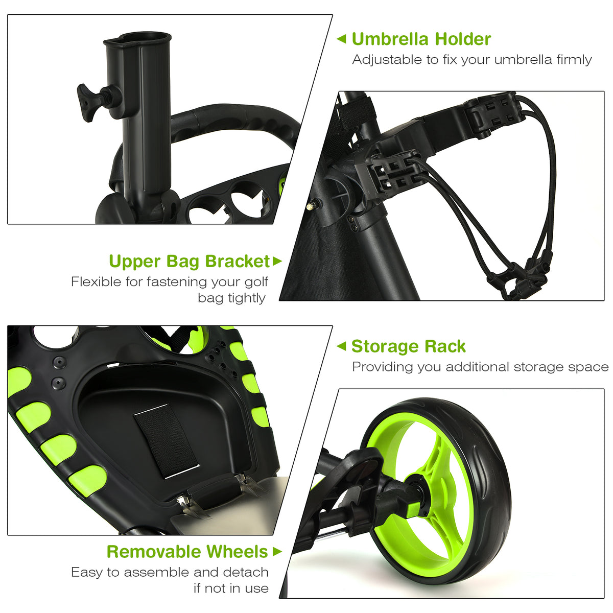 The golf trolley showing close-up details of the umbrella holder and removable wheels