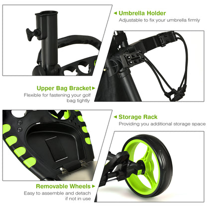 The golf trolley showing close-up details of the umbrella holder and removable wheels