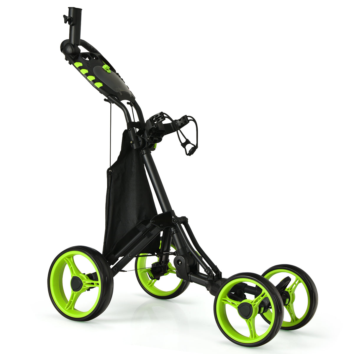 Golf Push Pull Cart with bright green wheels and a black frame on a white background