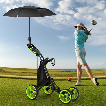 The golf trolley on a course next to a woman swinging a club in the distance