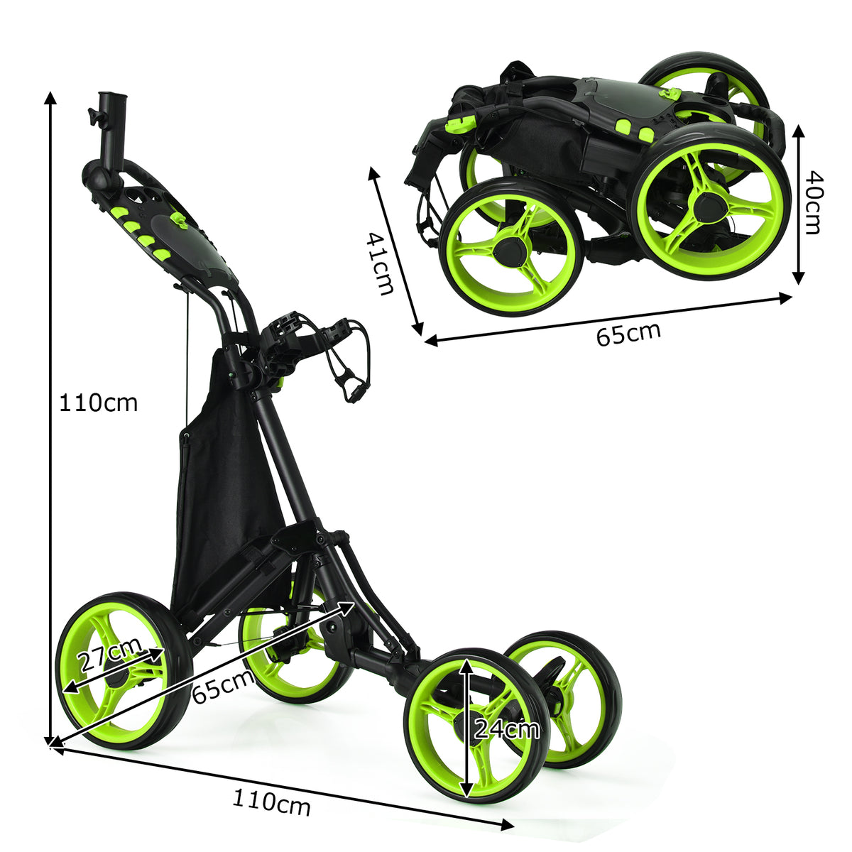 The golf trolley shown in both open and folded positions with dimension arrows