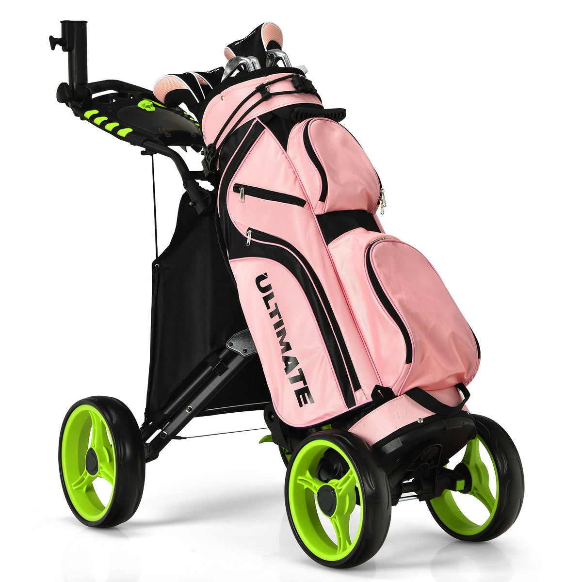The golf trolley holding a pink golf bag with clubs on a white background