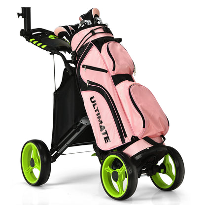 The golf trolley holding a pink golf bag with clubs on a white background