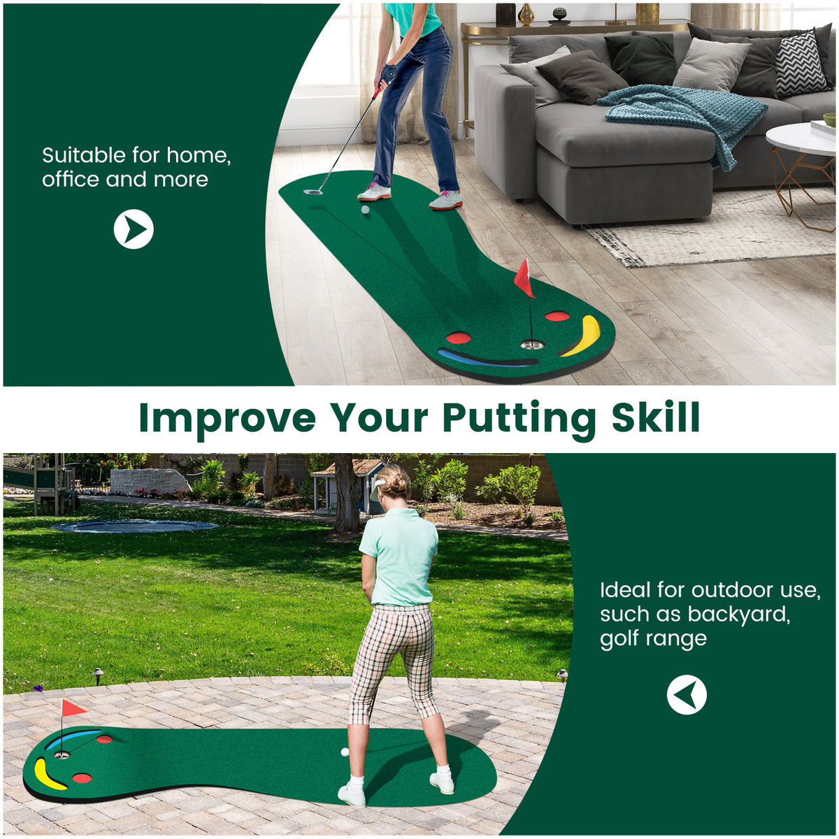 The putting green shown in both a home living room and an outdoor garden setting
