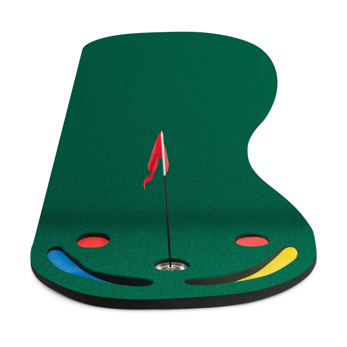 Golf Putting Green Set with a green mat, a red flag and colourful hole covers
