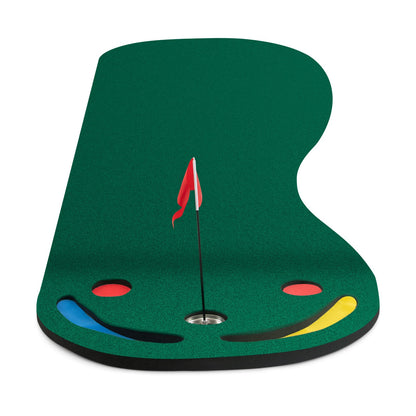 Golf Putting Green Set with a green mat, a red flag and colourful hole covers