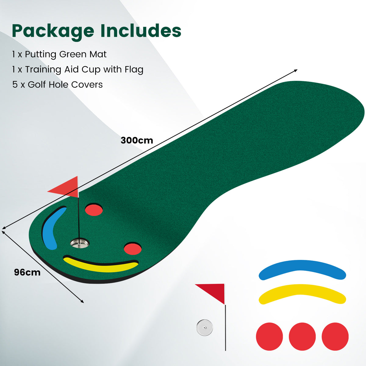 The putting green components shown with dimensions and a list of included items