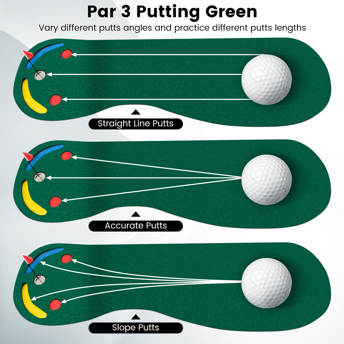 The putting green showing different angles and lengths for practice putting shots