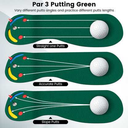 The putting green showing different angles and lengths for practice putting shots