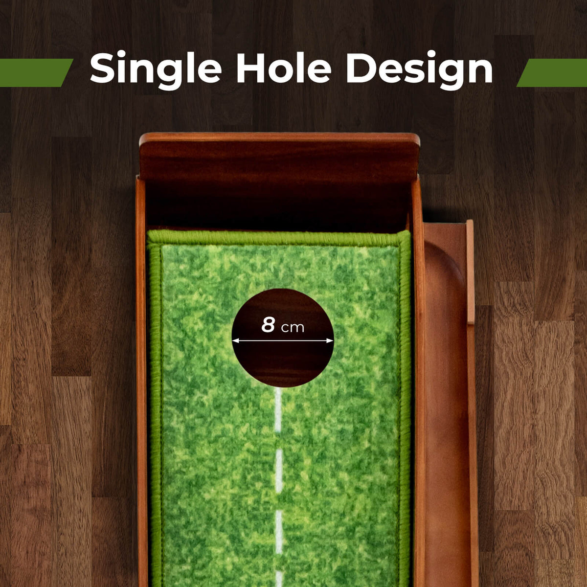 Close-up of the single hole design on the golf putting mat training aid