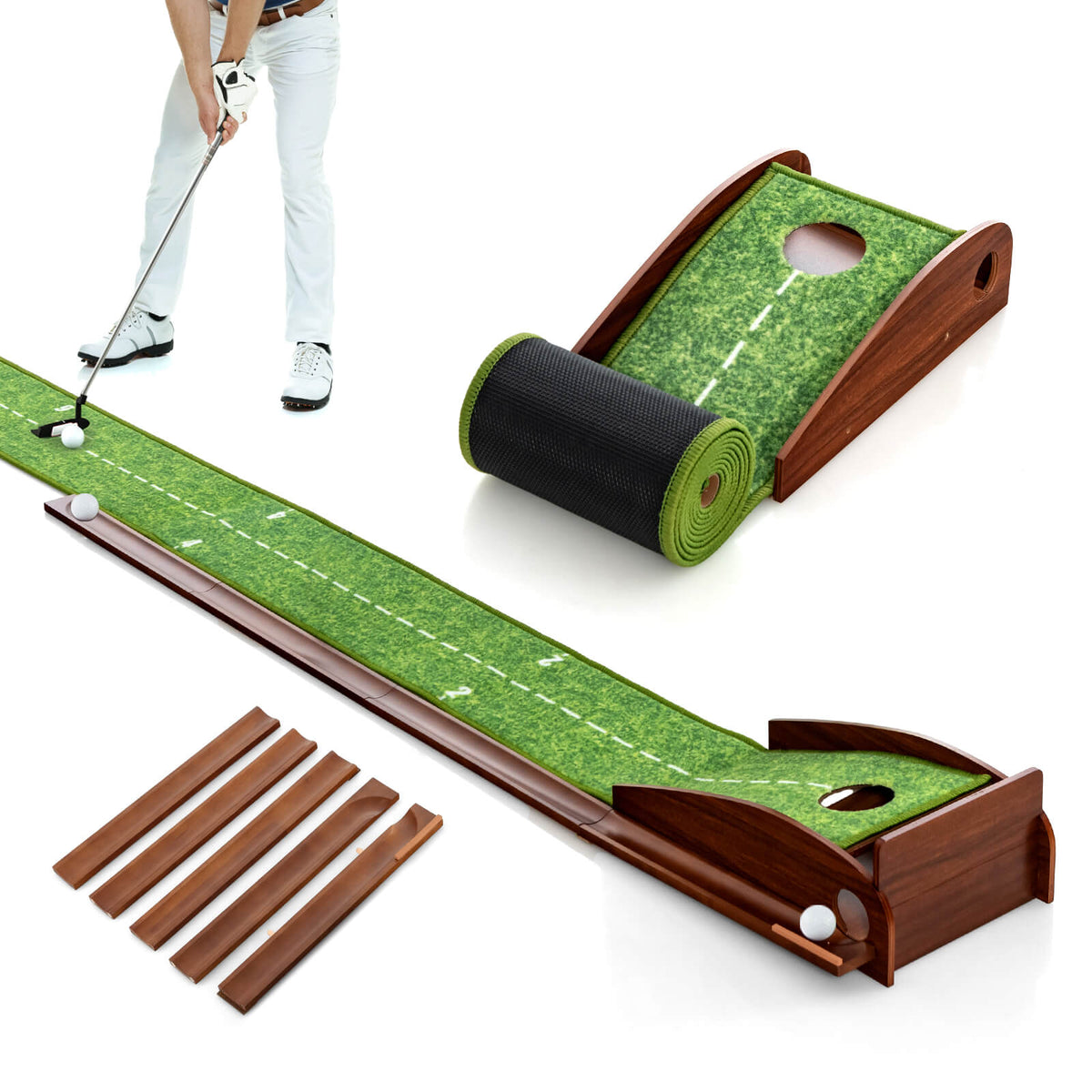 Golf Putting Mat Training Aid with auto ball return and 3 balls, showing the full mat and accessories