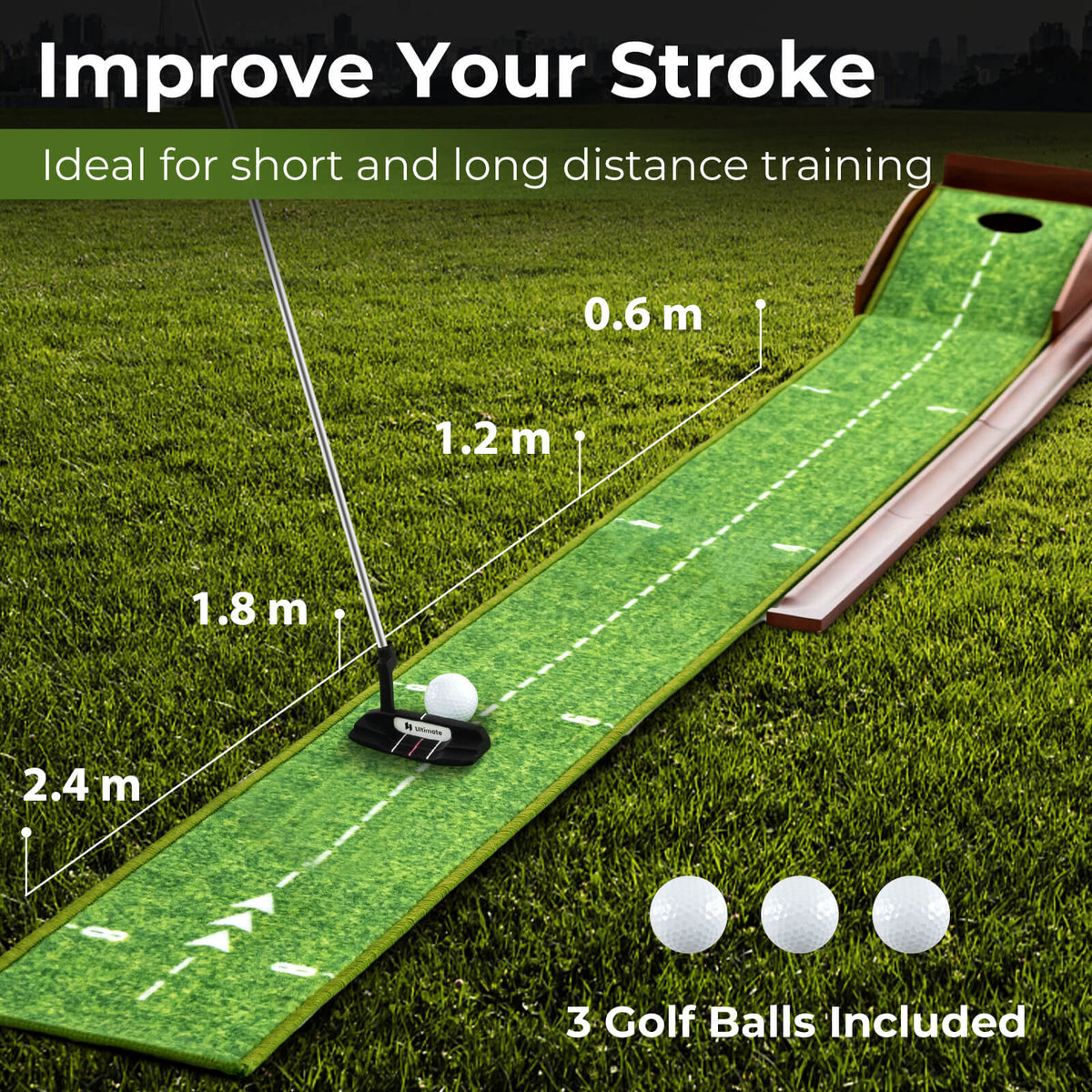 The golf putting mat training aid with three balls included, showing distance markers