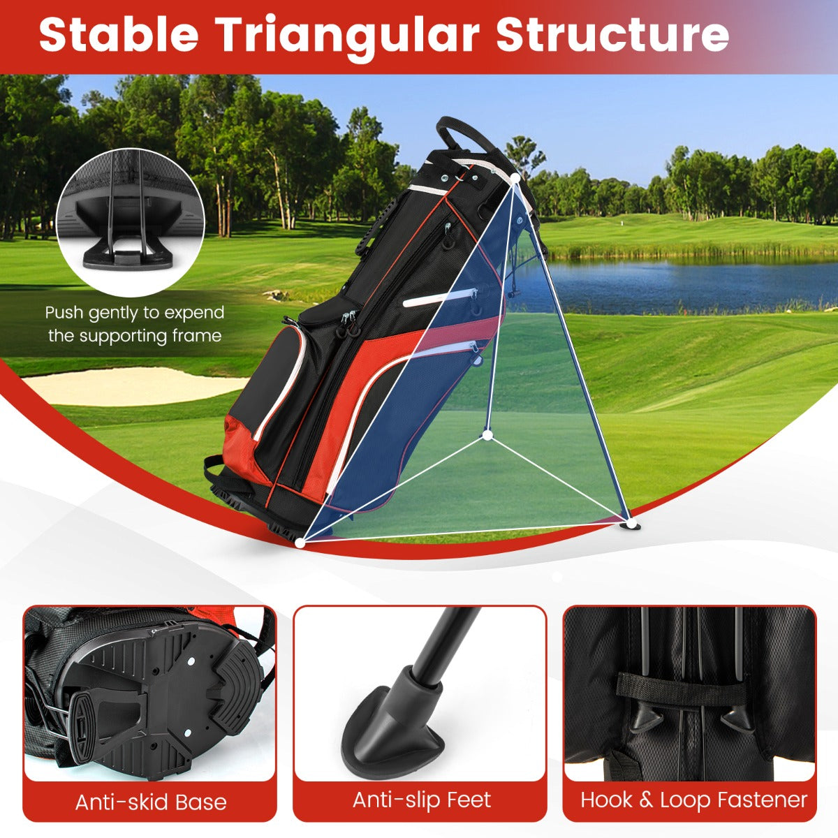 The golf stand bag has a stable triangular structure with anti-skid base and feet