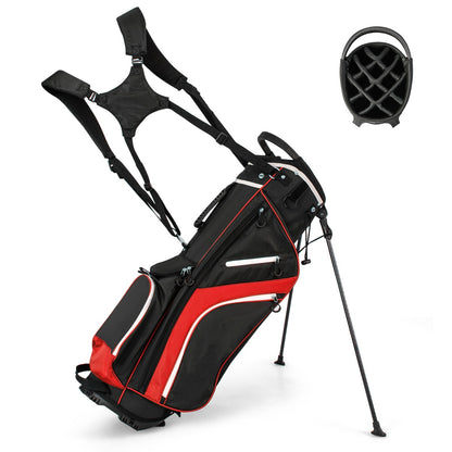 Golf Stand Bag with 14 way top dividers and 6 pockets in red and black