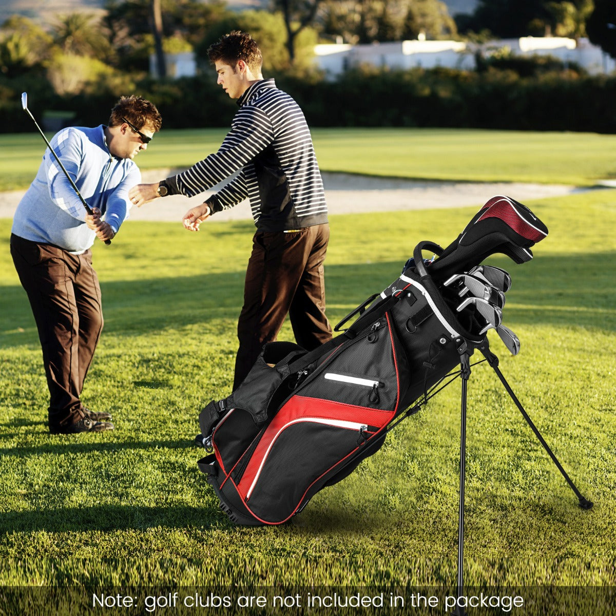 The golf stand bag is shown on a golf course with two men playing