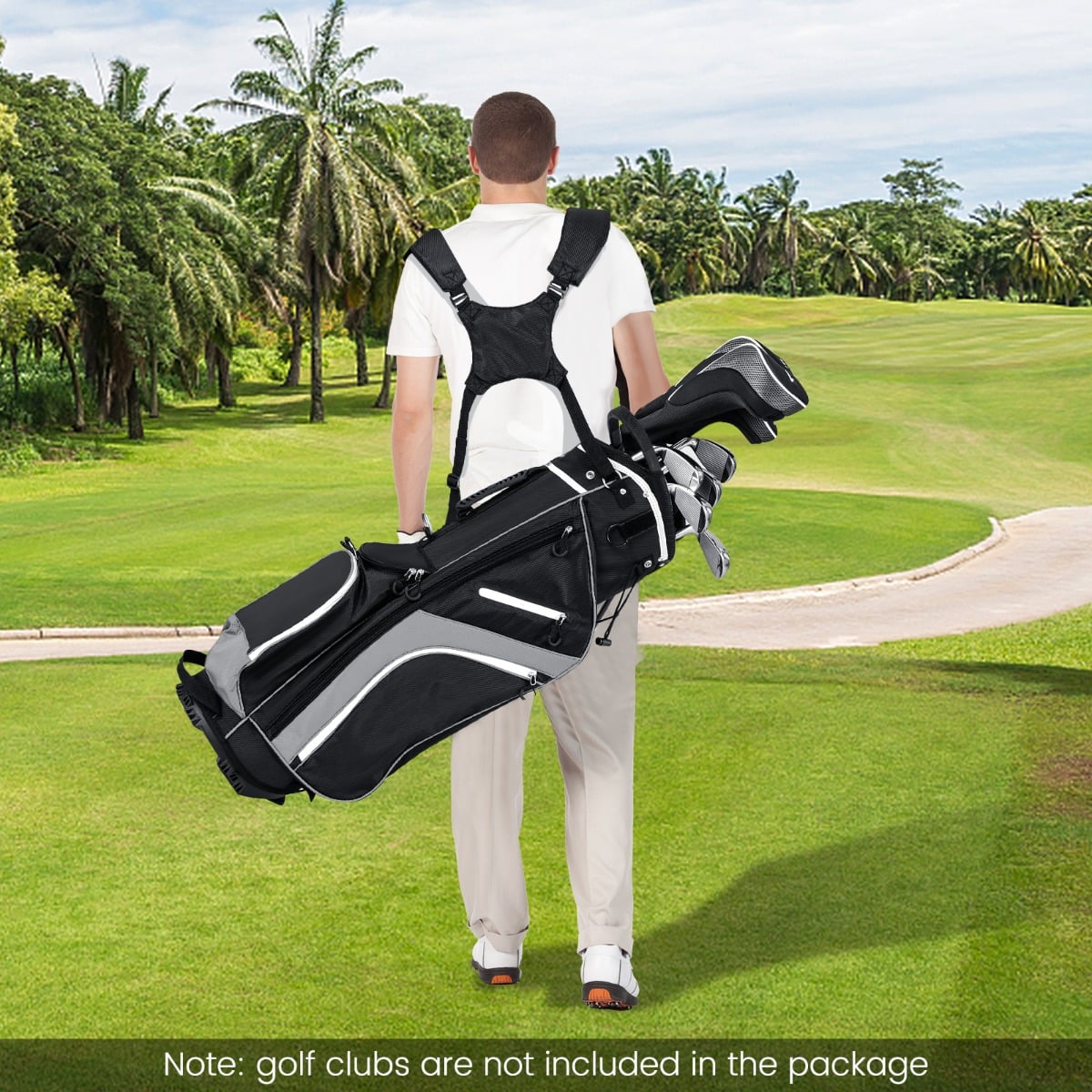 Man carrying the golf stand bag on his back on a golf course