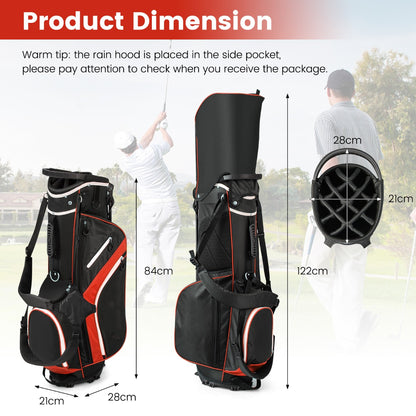 The golf stand bag dimensions are shown with a rain hood and top organiser