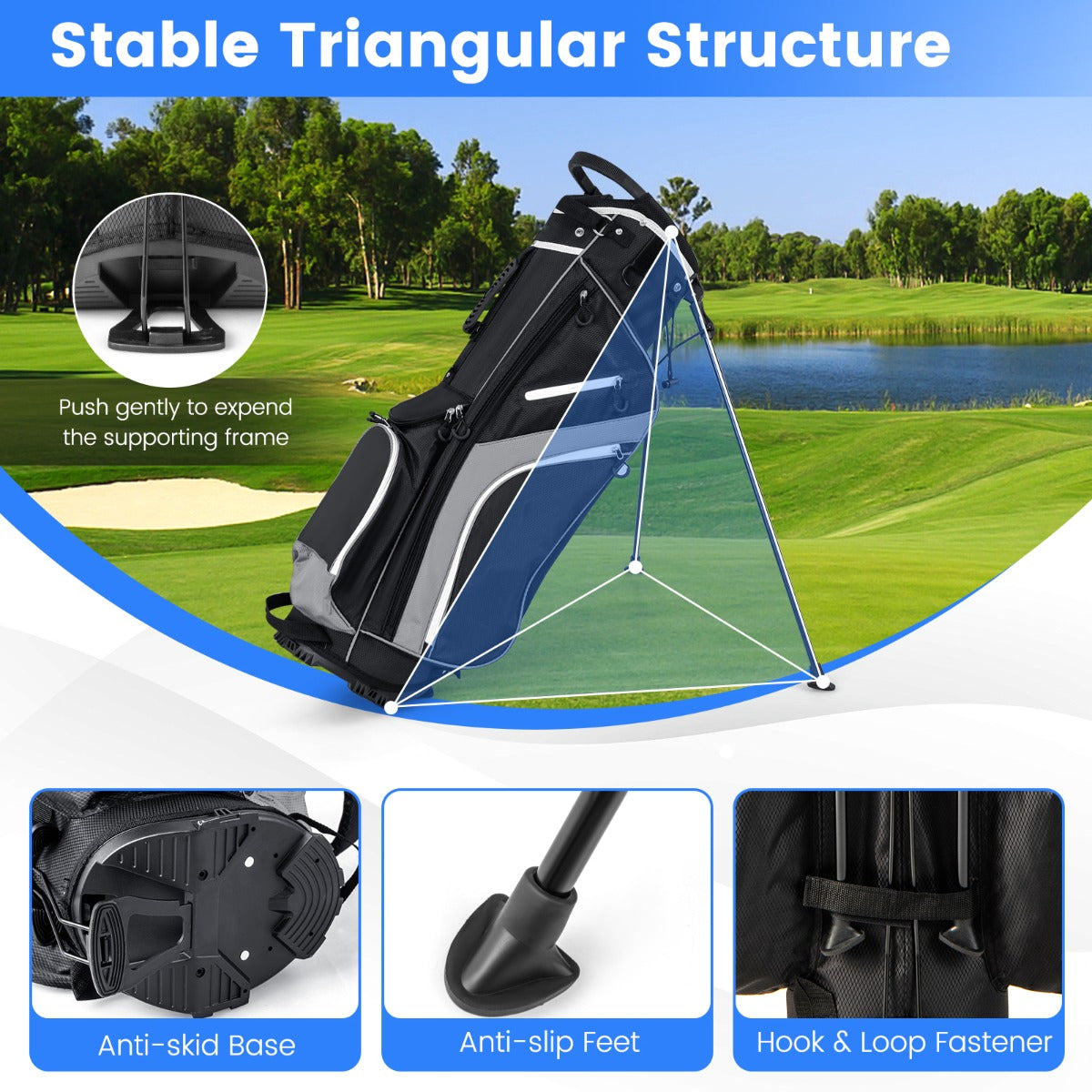 Close up of the stable triangular structure of the golf stand bag