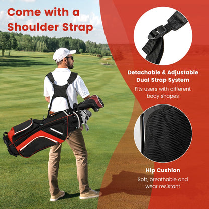 The golf stand bag comes with a detachable and adjustable dual strap system