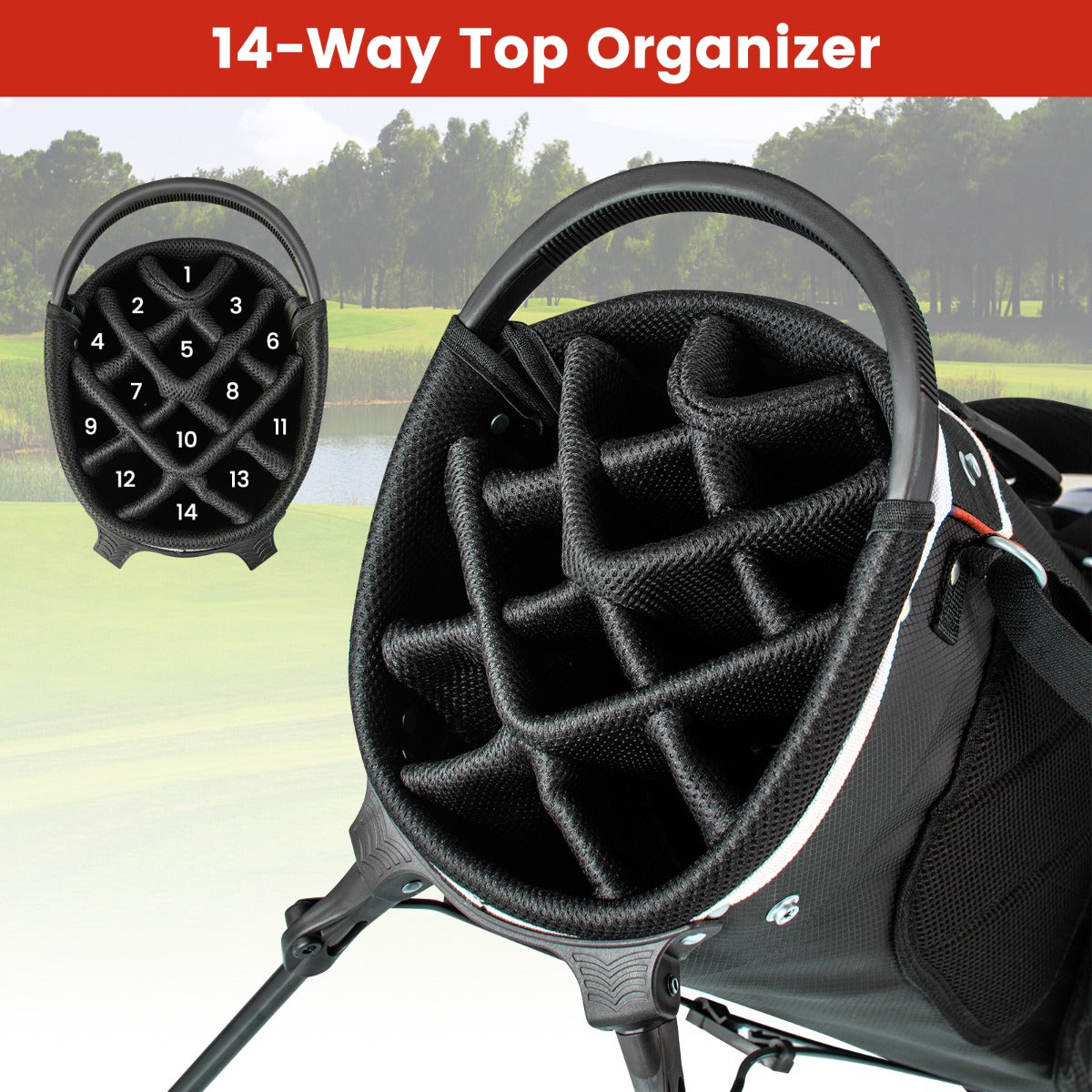 The golf stand bag has a 14-way top organiser with numbered dividers