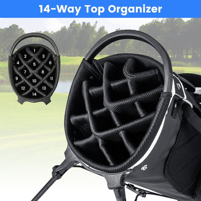 Close up of the 14-way top organizer of the golf stand bag