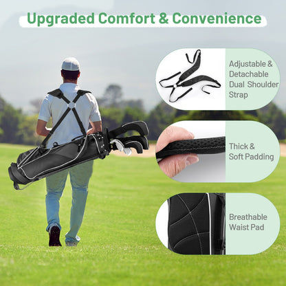 The golf bag being carried by a man with close-ups of the straps and padding