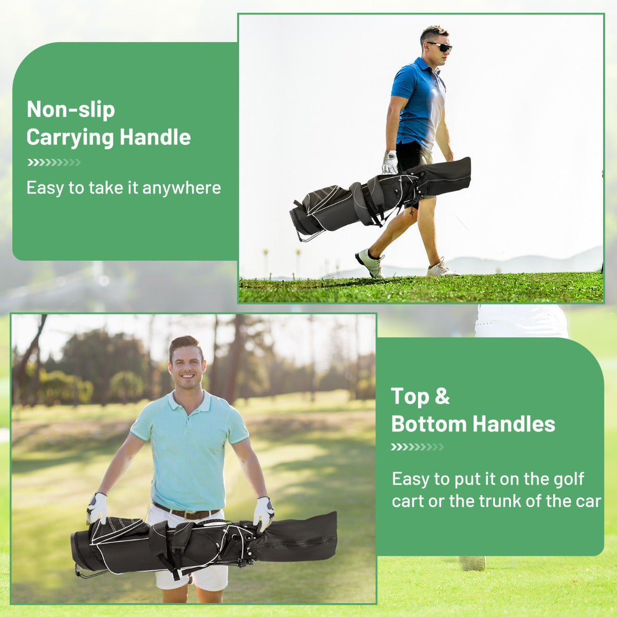 The golf bag being carried by hand and lifted by a man on a course