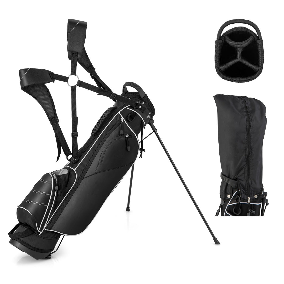 Golf Stand Bag with 4 Way Dividers shown with its rain hood and top opening