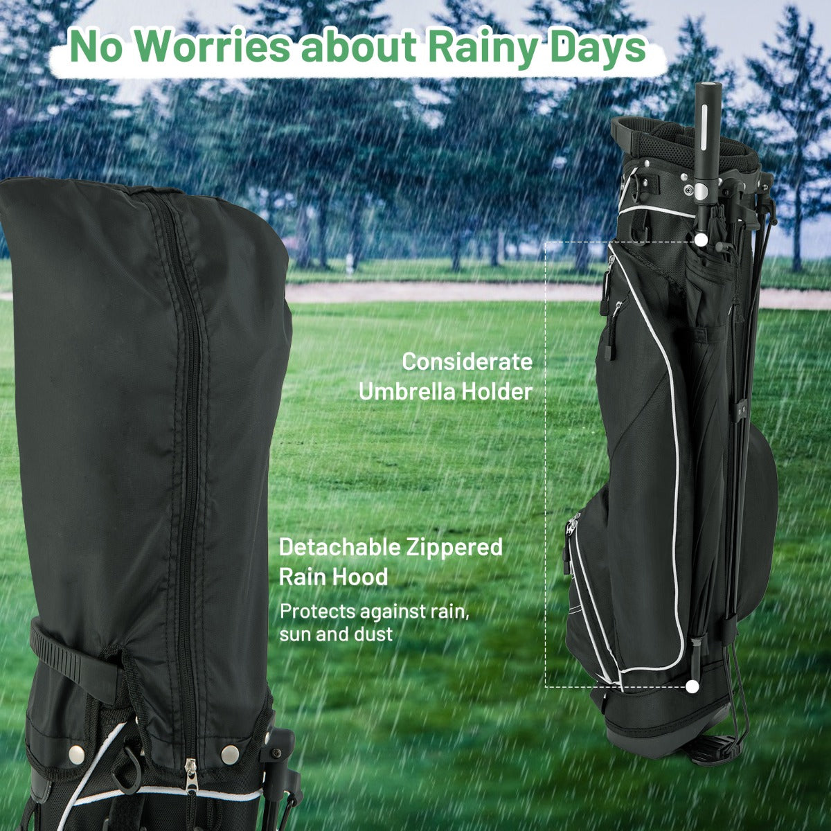 The golf bag with its rain hood attached and an umbrella holder