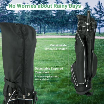 The golf bag with its rain hood attached and an umbrella holder